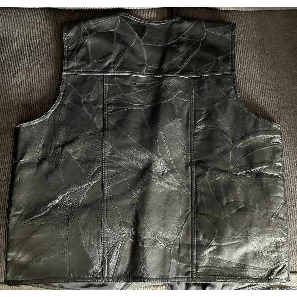 Vtg Italian Stone Design Genuine Leather Vest Black Patchwork Biker Western XXXL - Picture 2 of 8